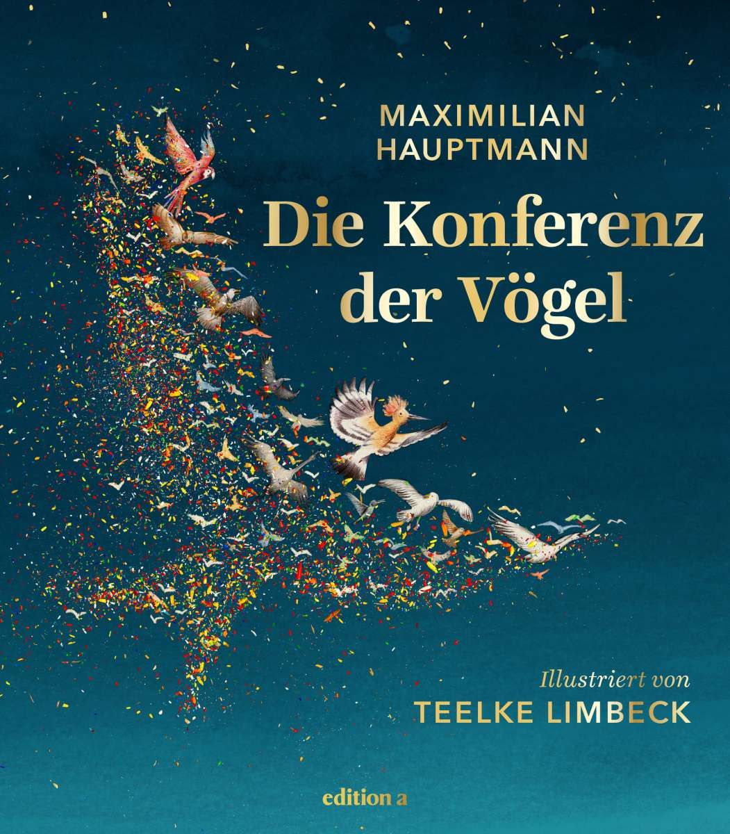 Ein Schwarm an Vögeln bildet einen Vogel in der Luft. Darauf zu sehen der Titel des Buches "Die Konferenz der Vögel"