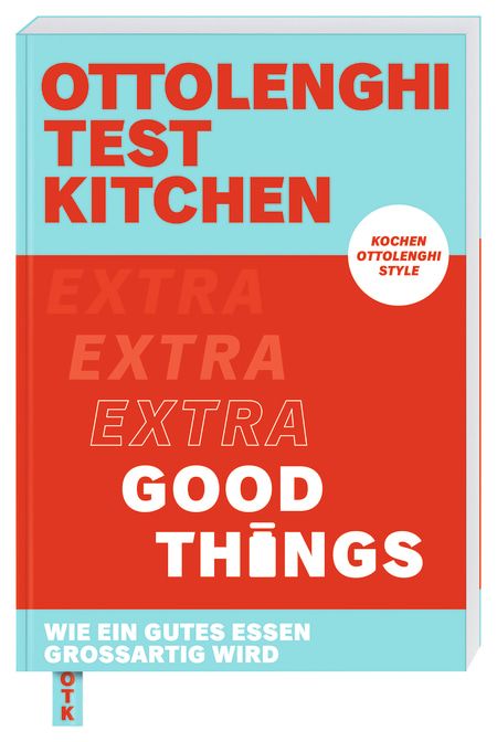 Türkises Buch mit rotem Titel "Extra Good Things"