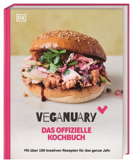 Ein veganer Buger daraunter der Buchtitel "Veganuary" - 100 Rezepte fürs ganze Jahr