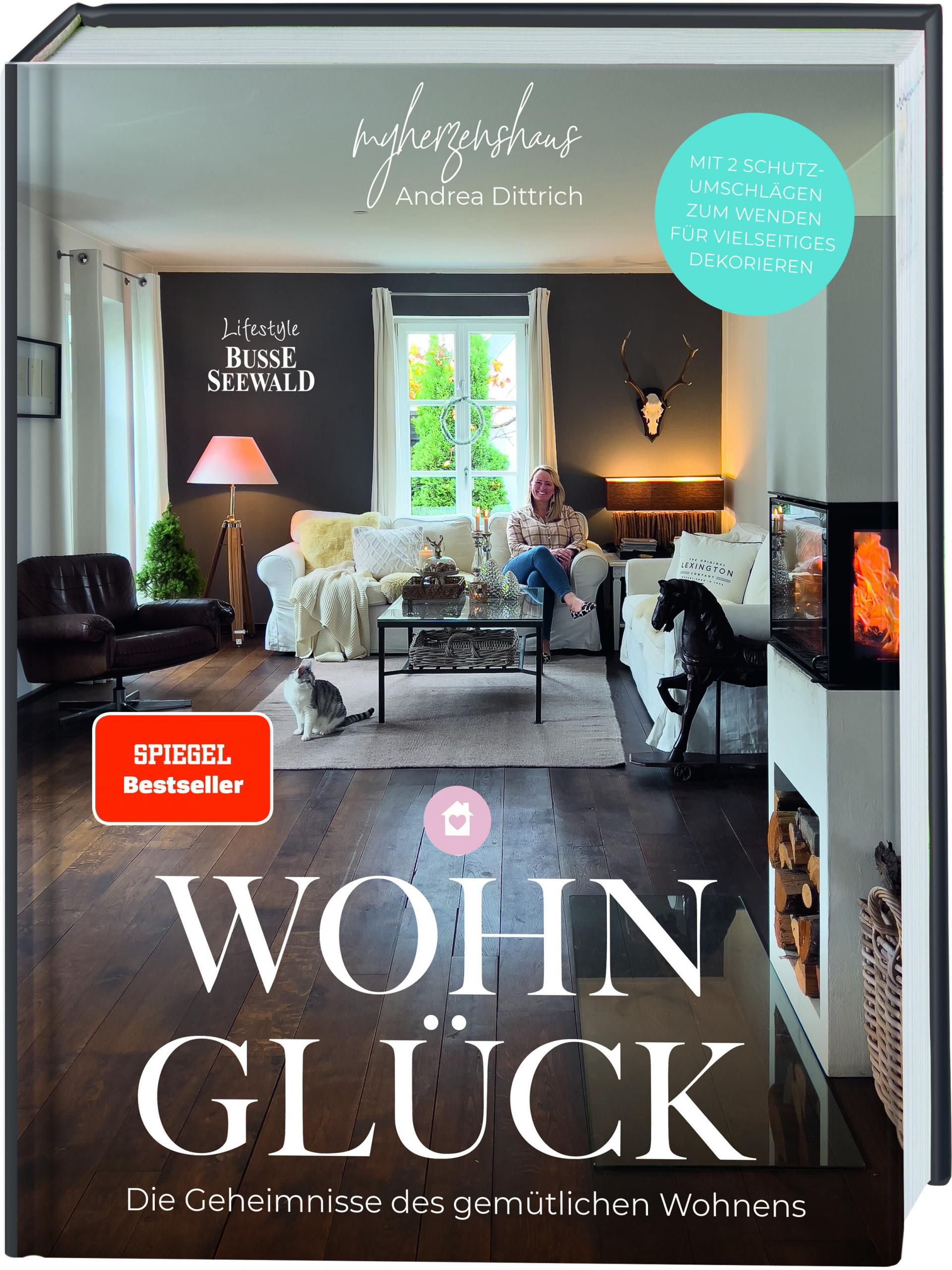 Ein Wohnzimmer, darüber der Buchtitel "Wohnglück"